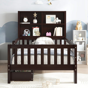 English Elm Twin Chalkboard Platform Bed with Drawers & Shelves, Solid Wood Kids Bed with Storage and Creative Headboard Espresso W1580P362705