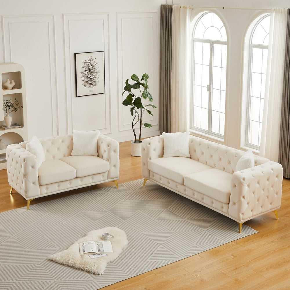 English Elm Fx Chesterfield Sofa Set Tufted Tech Fabric Upholstered Living Room Seating Combo Beige W1926S00088