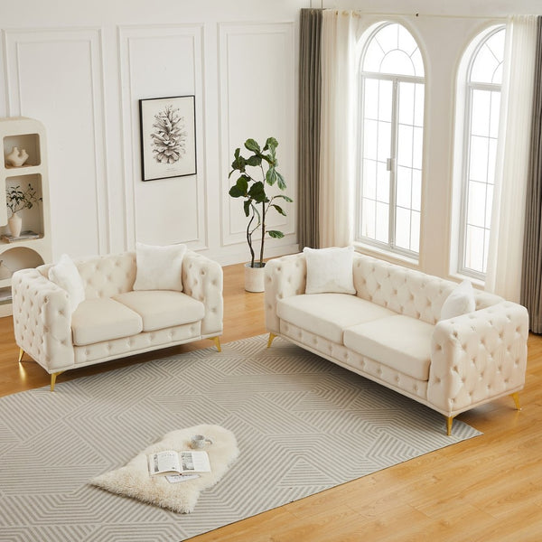 English Elm Fx Chesterfield Sofa Set Tufted Tech Fabric Upholstered Living Room Seating Combo Beige W1926S00088