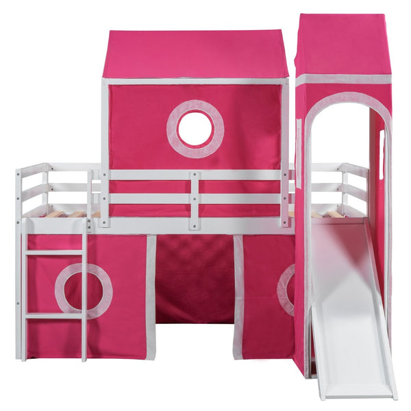 English Elm Twin Castle Loft Bed with Slide Fabric Tent and Tower Pinewood Kids Playhouse N708P249475H