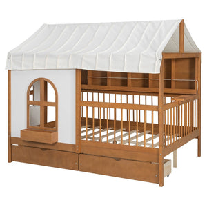 English Elm Full Size Kids House Bed with Led Bookshelf Storage Drawers and Charging Station Walnut LP000378AAL