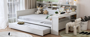 English Elm Wooden Twin Daybed with Trundle Built-in Desk and Open Shelves for Kids Rooms Antique White N733S373391K