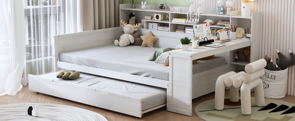 English Elm Wooden Twin Daybed with Trundle Built-in Desk and Open Shelves for Kids Rooms Antique White N733S373391K