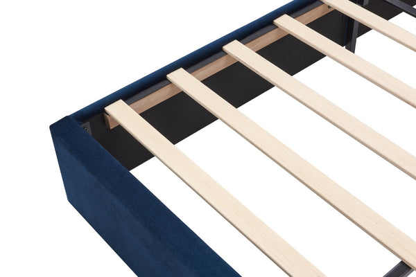 English Elm Queen Velvet Wingback Platform Bed Channel Tufted Upholstered Frame No Box Spring Blue W1793S00051