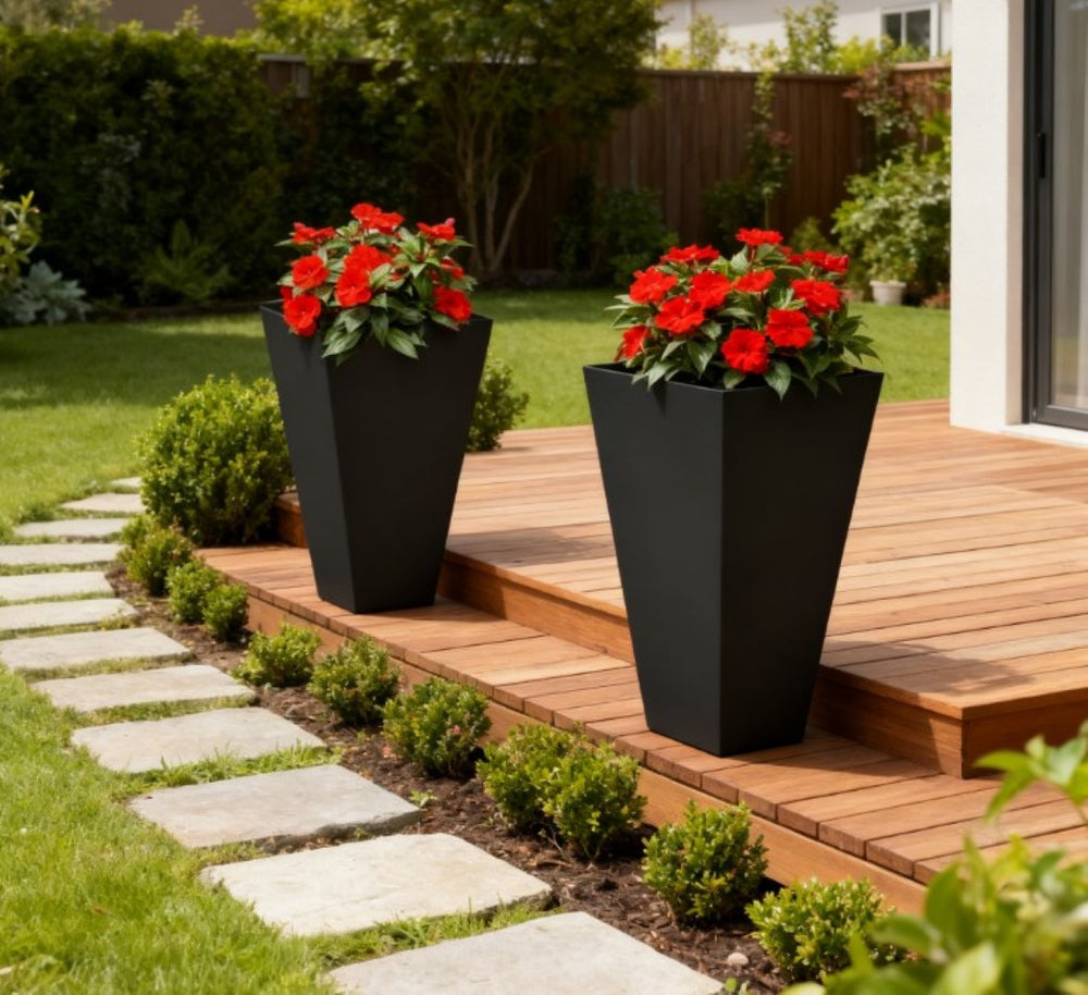 English Elm Durable Stackable Magnesium Oxide Planters 2 Pack Matte Stone Finish Outdoor Patio Set Black T3971P423411