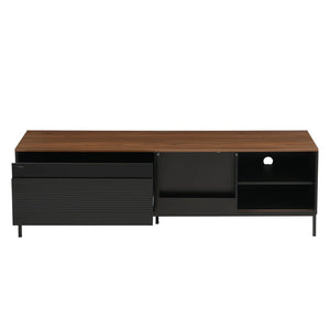 English Elm U-can Mid Century Walnut Media Console with Sliding Doors and Metal Frame for Living Rooms Black N724P360370B