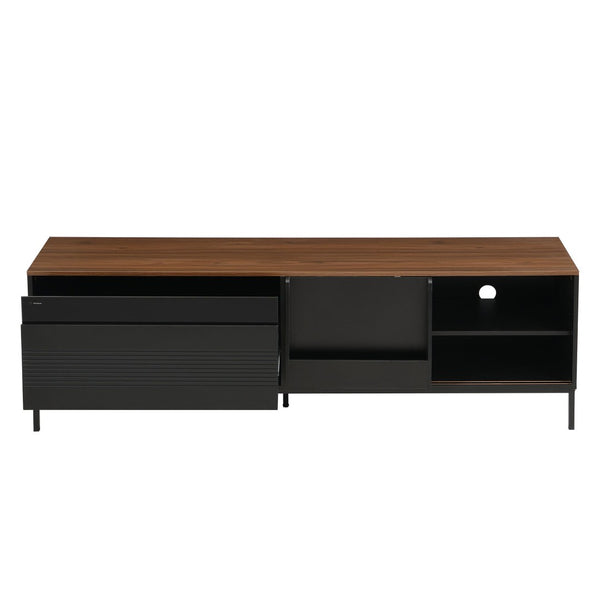 English Elm U-can Mid Century Walnut Media Console with Sliding Doors and Metal Frame for Living Rooms Black N724P360370B