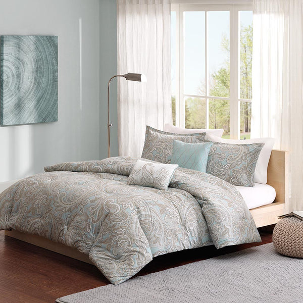 JLA Home Madison Park Pure - 5 Ronan Cotton Comforter Set – Soft Blue Paisley, Breathable 200TC, Machine Washable, Organic Calm Retreat 92 L x 88 W x 1.5H MPP10-001