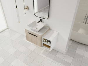 English Elm 36" Modern Floating Bathroom Vanity With Ceramic Sink, White Stone Slab, Soft-Close Doors & Storage W999S00287