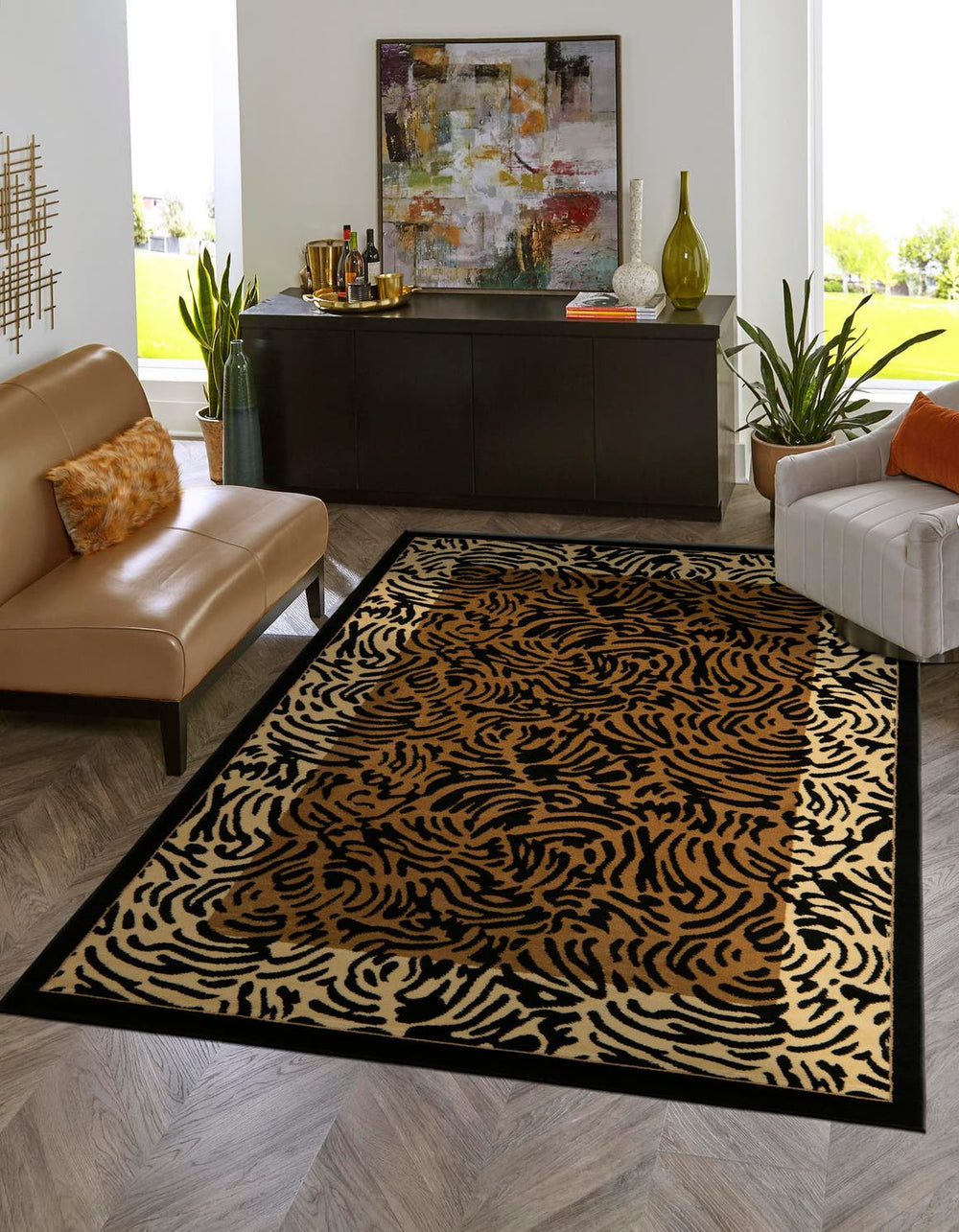 Unique Loom Wildlife Big Cat Machine Made Border Rug Light Brown, Black/Cream/Light Brown 7' 1" x 10' 0"