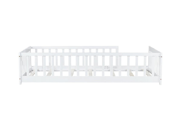 English Elm Twin Solid Rubberwood Floor Bed with Full Perimeter Safety Rails for Toddler Rooms White W504P296795