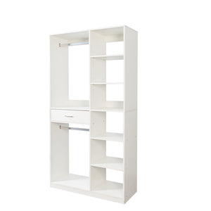 English Elm Freestanding 40" Closet System with 6 Open Shelves, 2 Hanging Rods & Wood Drawer — White Storage Wardrobe W331P280699