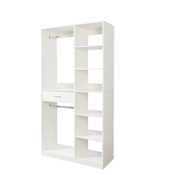 English Elm Freestanding 40" Closet System with 6 Open Shelves, 2 Hanging Rods & Wood Drawer — White Storage Wardrobe W331P280699