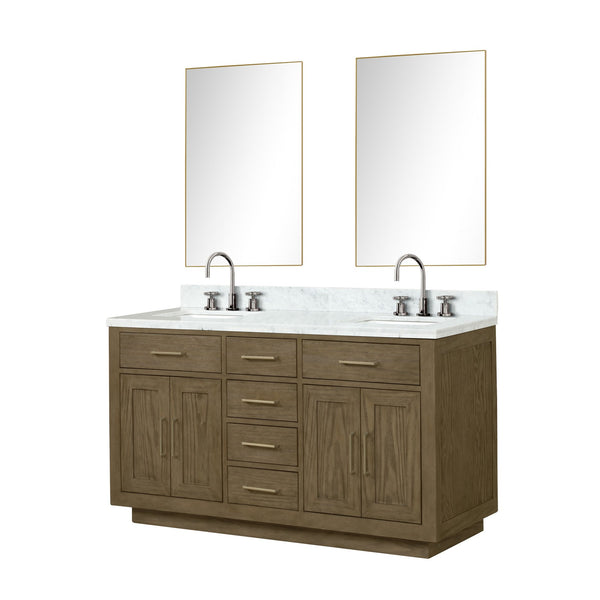 English Elm Grey Oak Double Bath Vanity Set With Carrara Marble Top, Chrome Faucets & 28" Mirrors For Easy Upgrade B2731S01796