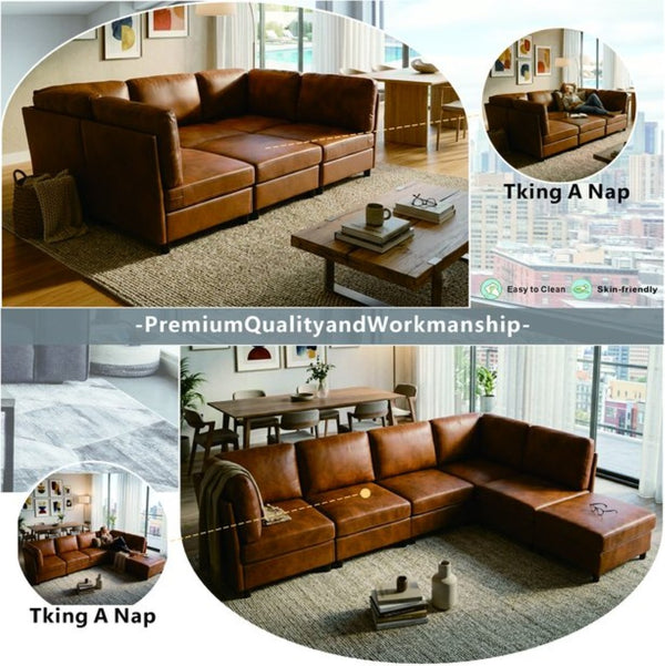English Elm Modern Foil Fabric Modular Sectional Sofa Reconfigurable Living Room Seating Light Brown W5568S00051