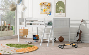 English Elm Full Low Loft Bed Pine Wood with Ladder & Guardrails, Space-Saving Play Area, Secure 350lb Capacity White WF531952AAK