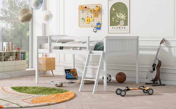 English Elm Full Low Loft Bed Pine Wood with Ladder & Guardrails, Space-Saving Play Area, Secure 350lb Capacity White WF531952AAK