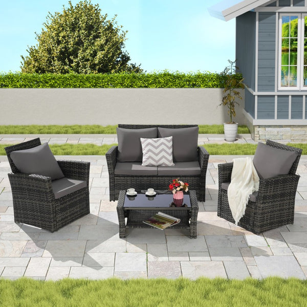 English Elm 4 Piece Outdoor Pe Rattan Wicker Patio Set with Tempered Glass Table Poolside Dark Gray W874P266299