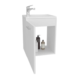 English Elm Saju Floating Wall Vanity 15.7" Wide One-Door Cabinet with Resin Sink & Shelf, White Minimalist B200P335387