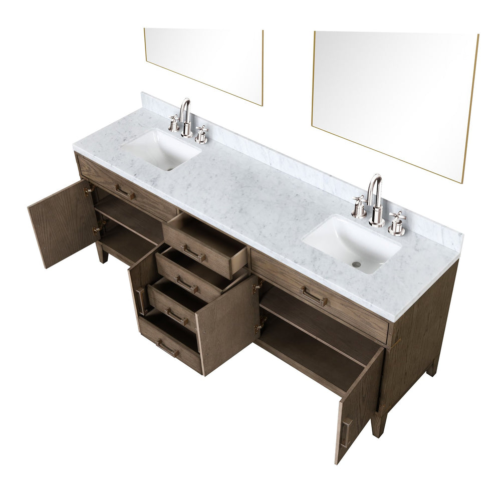 English Elm Grey Oak Double Bath Vanity With Carrara Marble Top, Faucets, & 36" Mirrors - Elegant Storage Solution B2731S01884