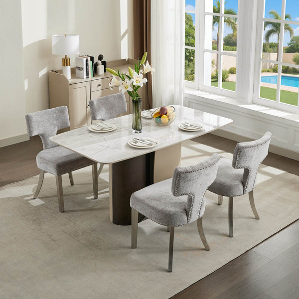 English Elm Mid Century Modern Dining Chairs with Copper Nail Trim, Plush High-Density Foam Seats, Brushed Steel Legs Gray W1143P314900