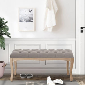 English Elm Bedroom Bench Tufted Linen Seat with Carved Distressed Wood Legs French Country Style Grey W3244P493669