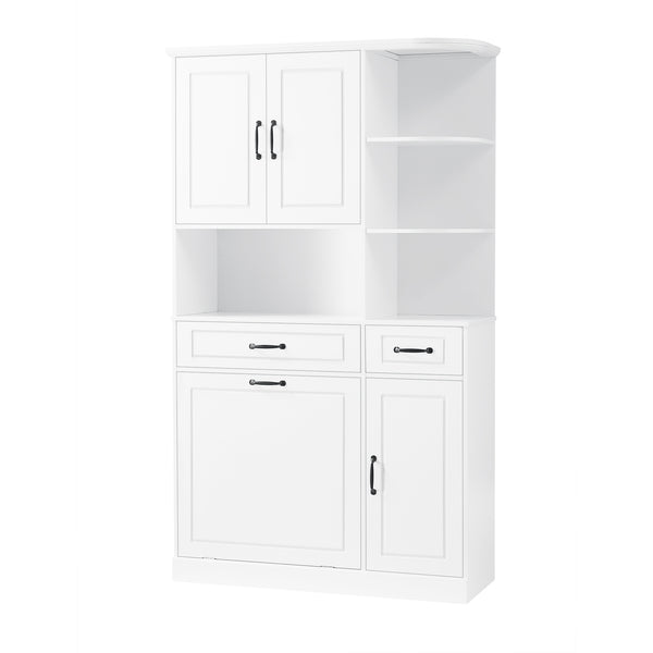 English Elm Tall Freestanding Organizer Cabinet with Tilt-Out Hamper, 2 Drawers, Adjustable Shelves, Modern White MDF Storage N725S352451K