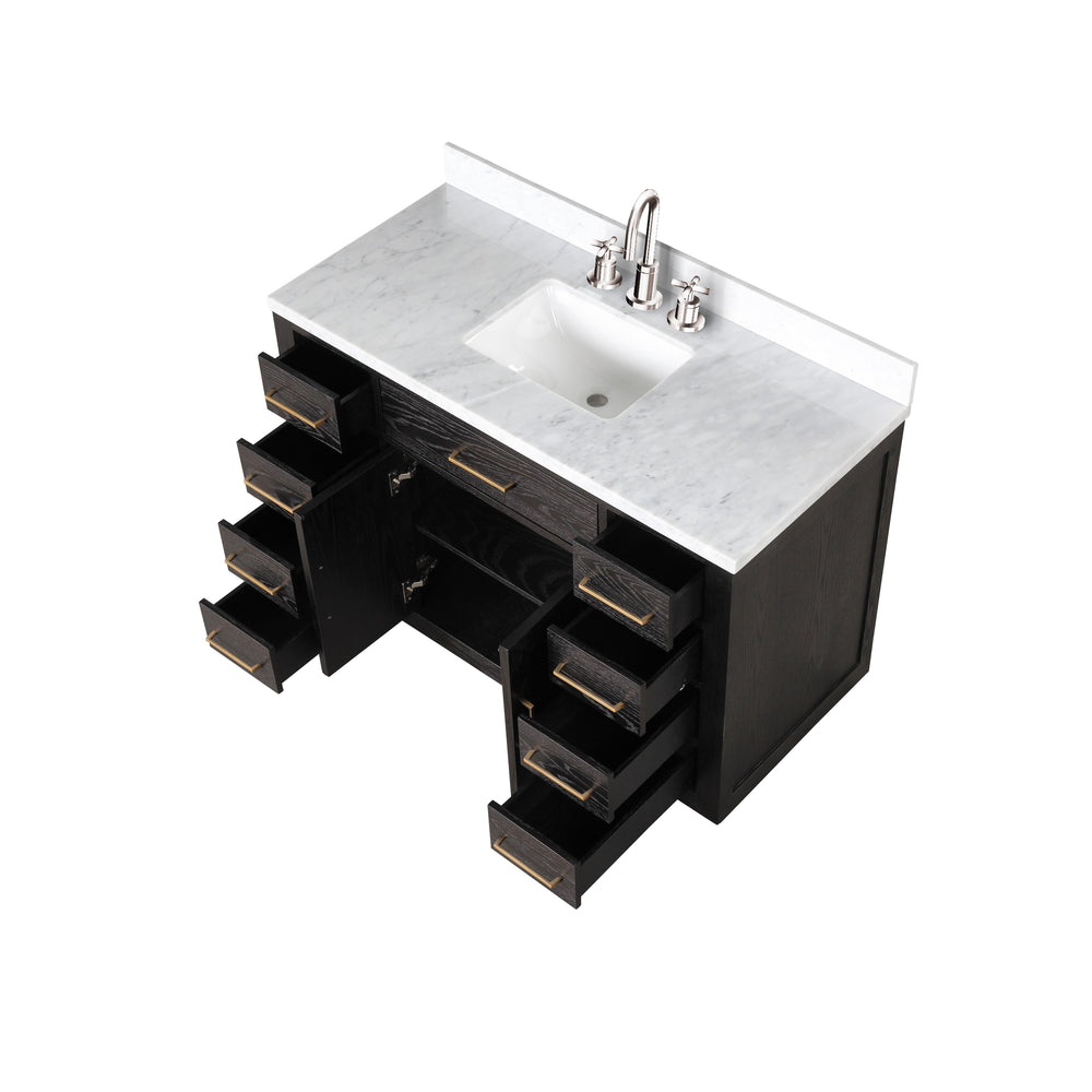 English Elm Black Oak Single Bath Vanity 48" W x 22" D with Carrara Marble Top, Chrome Gooseneck Faucet, Soft-Close Cabinet B2731P260825