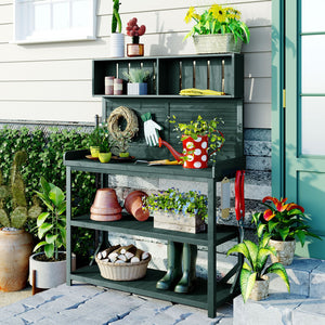English Elm TOPMAX 65" Wooden Potting Bench with Splash Plate & Hook, 4 Storage Shelves, Fir Wood Patio Workstation N717P221495F