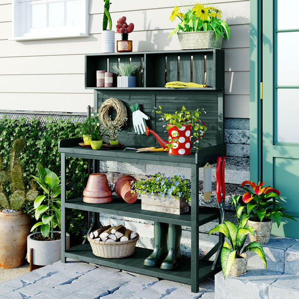 English Elm TOPMAX 65" Wooden Potting Bench with Splash Plate & Hook, 4 Storage Shelves, Fir Wood Patio Workstation N717P221495F