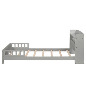 English Elm Twin Pine Wood Bed with Bookcase Headboard LED Motion Sensor Light Guardrails Ample Storage Space Grey W504P277595