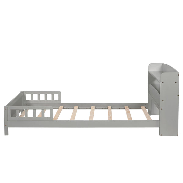 English Elm Twin Pine Wood Bed with Bookcase Headboard LED Motion Sensor Light Guardrails Ample Storage Space Grey W504P277595