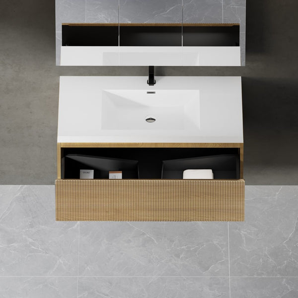 English Elm 36'' Floating Vanity Fluted Front Smoked Walnut Soft Close Drawer Quartz Basin W1920P385445