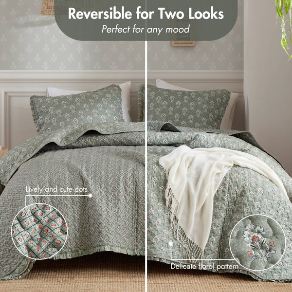 English Elm 3-piece King Quilt Set Ruffle Trim Vermicelli Stitching Soft Polyester Bohemian Bedding Sage Green B035P408231