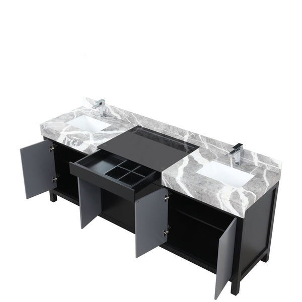 English Elm Black Double Bath Vanity 84" W X 22" D With Castle Grey Marble Top & Chrome Faucet - Modern Storage Solution B2731P261132