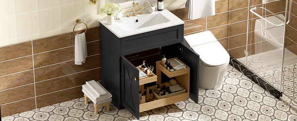 English Elm 30'' Modern Bathroom Vanity With Ceramic Sink, Soft-Close Doors, Gold Handles & Ample Storage Space N710P194898B