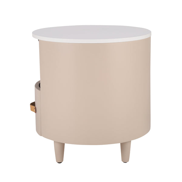 English Elm Christopher Knight Home® - Contemporary Round Nightstand with Drawer & Open Shelf, Curved Bedside Table with Leather Handles khaki 22 L x 22 W x 19.75 H N761P285708M