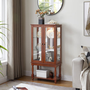 English Elm Curio Lighted Display Cabinet with Mirrored Back, Tempered Glass Doors, Solid Wood Legs, Compact Walnut W1693P216941