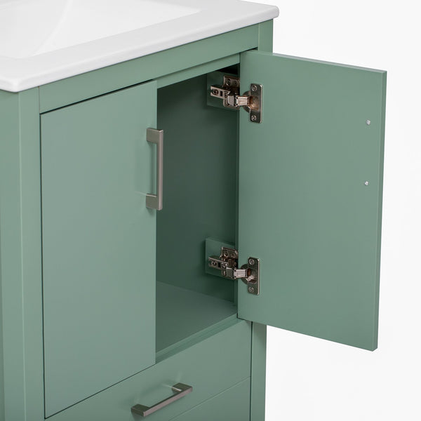 English Elm 24'' Green Bathroom Vanity with Ceramic Sink Combo — Modern Freestanding MDF & Solid Wood Storage, Soft-Close Doors, Silver Handles N710P228364F