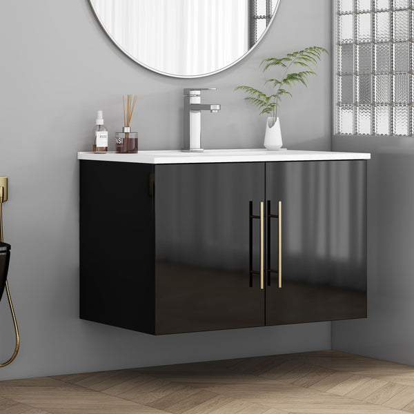 English Elm 30-Inch Black Gloss Wall-Mounted Bathroom Vanity With Soft-Close Doors & Gold Handle For Modern Style W3151S00051