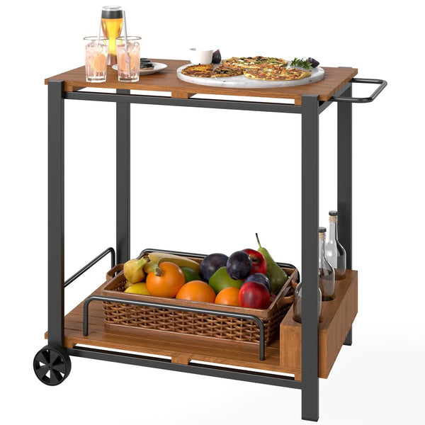 English Elm 2-tier Acacia Wood Bar Cart with Steel Frame Bottle Holders for Patio Entertaining T3971P404050