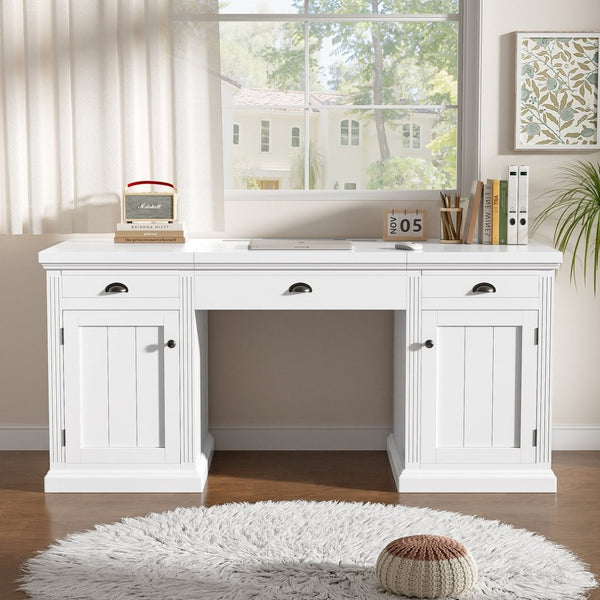 English Elm 67" White Executive Desk with Cabinet Storage Drawers and Usb Ports for Home Office N751S415500K