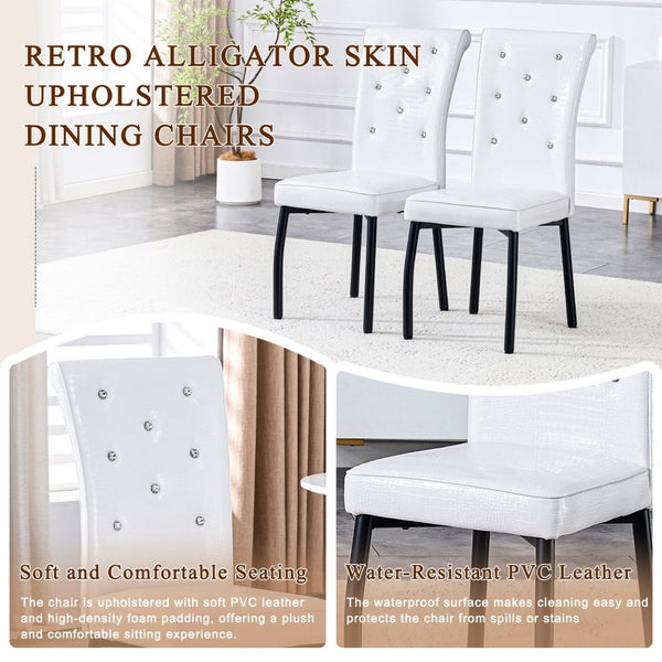 English Elm A Set of 2 Crystal Button Faux Leather Dining Chairs with Embossed Croc Texture White+Black W3226P344024