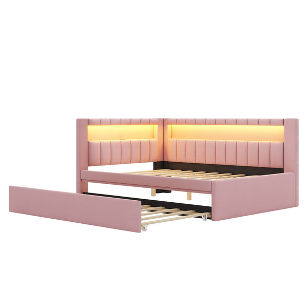 English Elm Upholstered Full Platform Bed with Trundle, Built-In USB Ports & LED Accent, Linen Upholstery Pink DL001925AAH