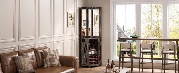 English Elm 67.3" Farmhouse Corner Bar Cabinet Led Lit Wine Storage with Built-in Power Outlets N735P361429D