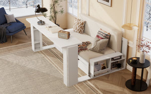 English Elm Queen Daybed with Hydraulic Desk Storage Drawers and Convertible Sofa for Small Spaces White LT000272AAK