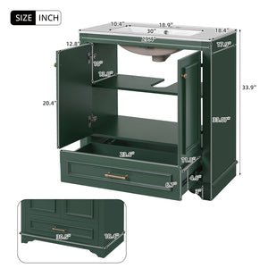 English Elm 30" Elegant Bathroom Vanity with Ceramic Sink, French-Inspired Compact Cabinet with Drawer & Shelf Green N710P317676F