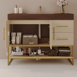 English Elm 36" Freestanding Bathroom Vanity Sintered Stone Top Brushed Gold Legs Wood Cabinet W3136S00056