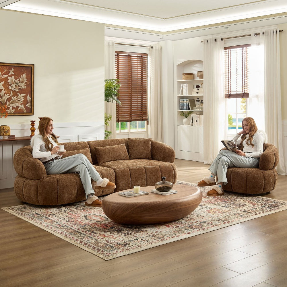 English Elm 102.36 Inch Curved Boucle Sectional Sofa Four Seat Mid Century Modern Living Room Brown W2582S00205