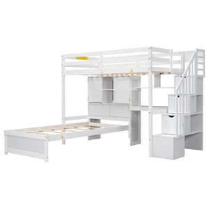 English Elm Twin Over Twin Loft Bed with Built-In Desk, Stairs, Shelving and Storage Headboard for Space-Saving Rooms White GX000465AAK